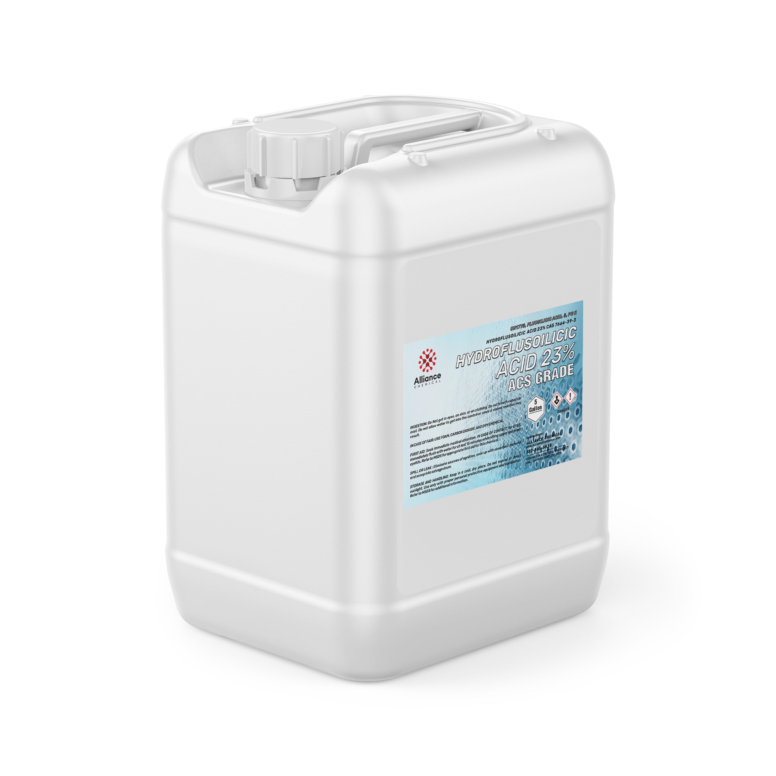 5-gallon white HDPE container of Hydrofluorosilicic Acid 23% ACS Grade with blue safety label, industrial-grade chemical warning symbols, and secure cap.